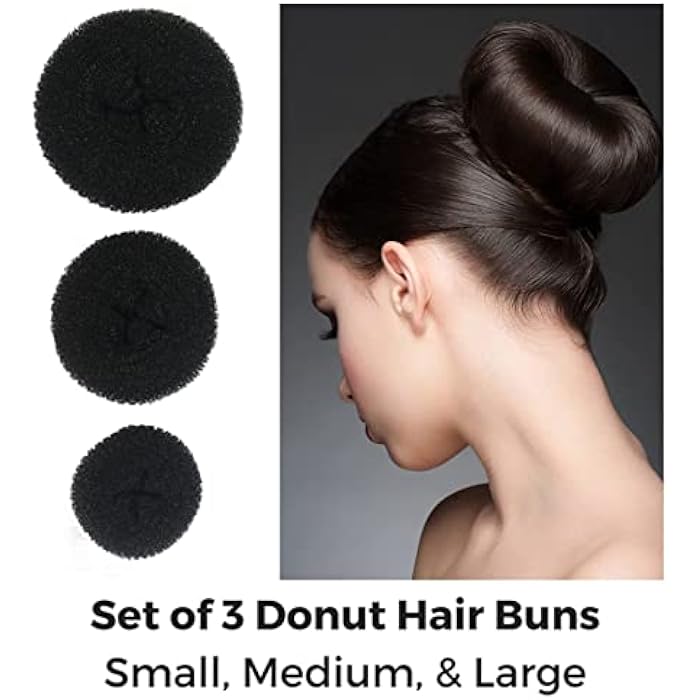 Styla Hair 3 Piece Donut Hair Bun Maker (1 Small, 1 Medium, 1 Large) Easily Create Updo’s, Ballet Bun, Messy Buns & more! Reusable for Work, School, Yoga, Parties, & more! (Black) - Image 3